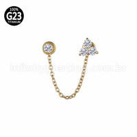Piercing Labret Duplo Titânio Corrente Trio E Ponto De Luz Zircônia