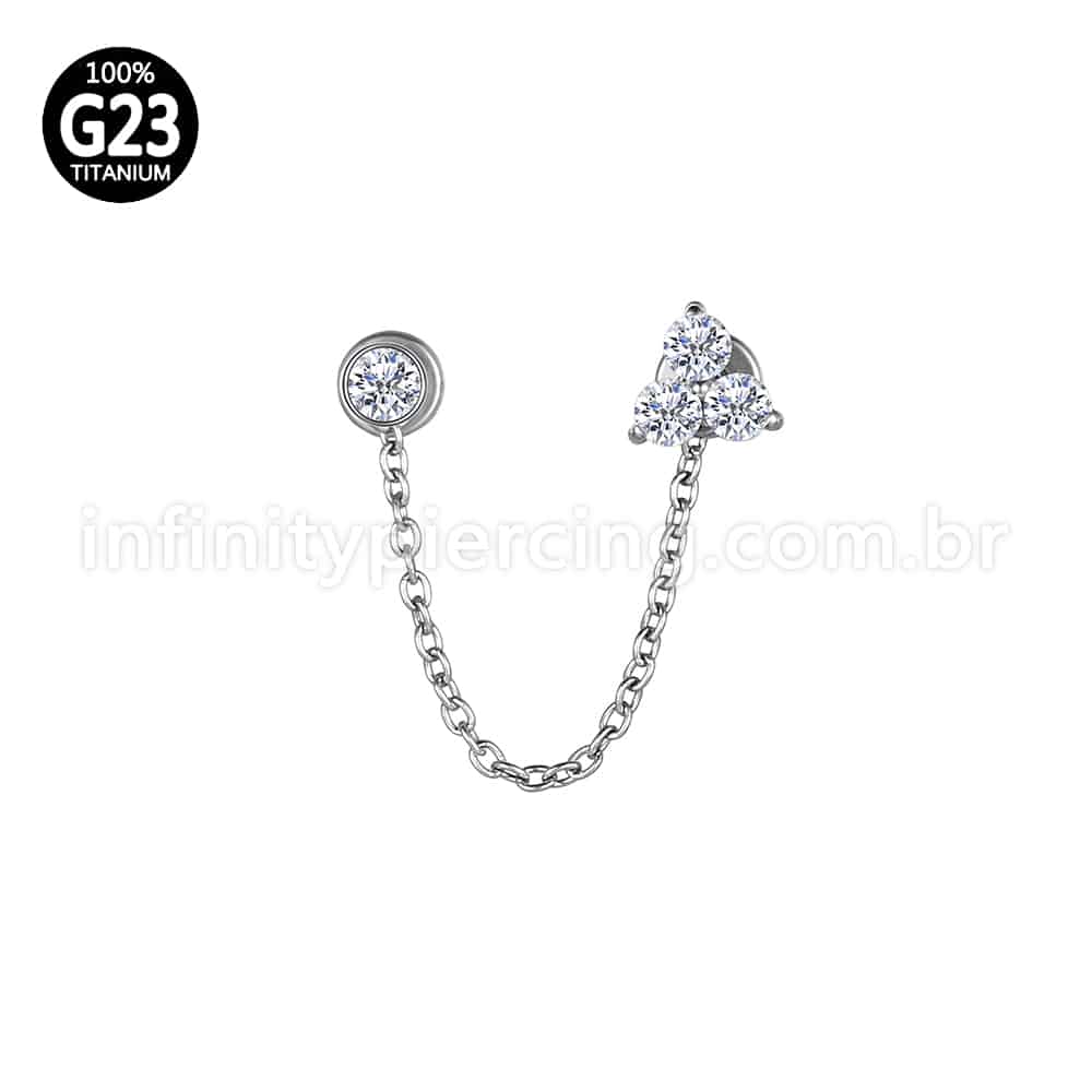 Piercing Labret Duplo Titânio Corrente Trio E Ponto De Luz Zircônia