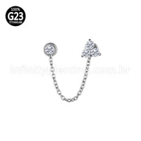Piercing Labret Duplo Titânio Corrente Trio E Ponto De Luz Zircônia
