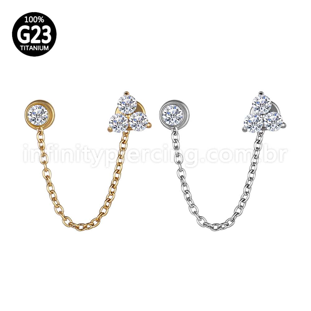 Piercing Labret Duplo Titânio Corrente Trio E Ponto De Luz Zircônia