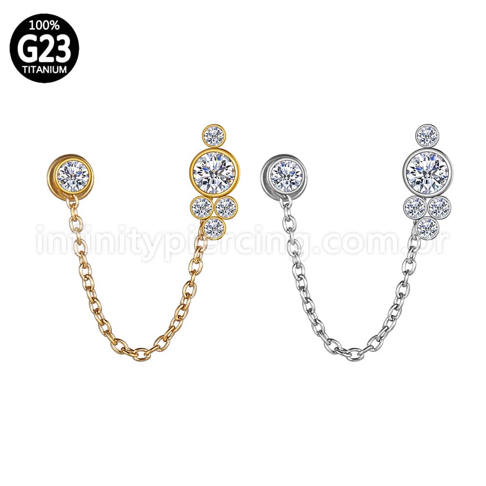 Piercing Labret Duplo Titânio Corrente Ponto De Luz E Indiano 5 Zircônias