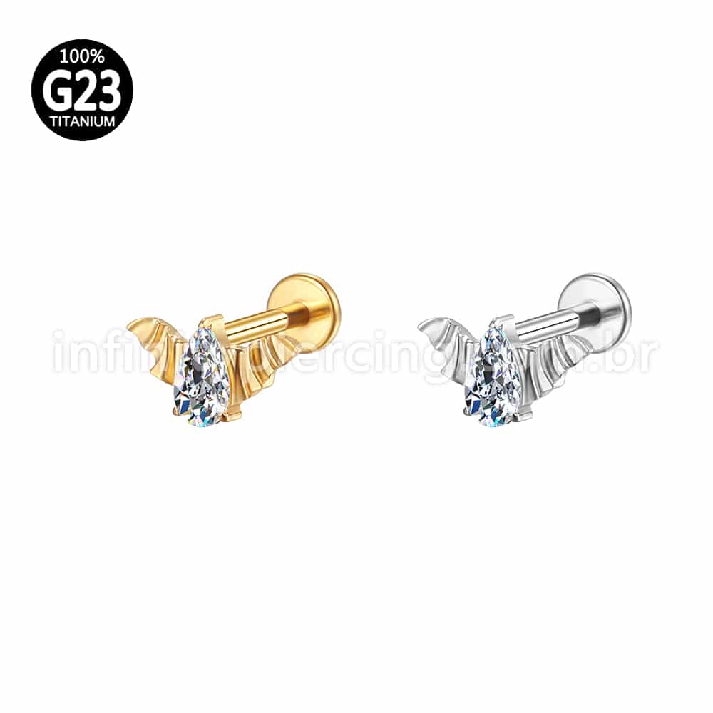 Piercing Labret Titânio Morcego Zircônia Cravejada Gota