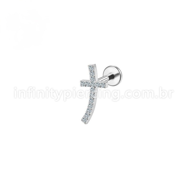 Piercing Labret Aço Cirúrgico Cruz Curva Zircônia