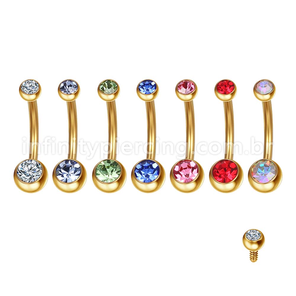 Piercing Banana Aço Cirúrgico 2 Pedras Strass Redonda Rosca Interna