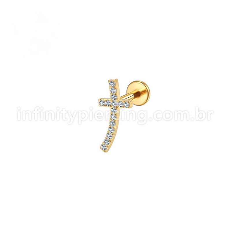 Piercing Labret Aço Cirúrgico Cruz Curva Zircônia
