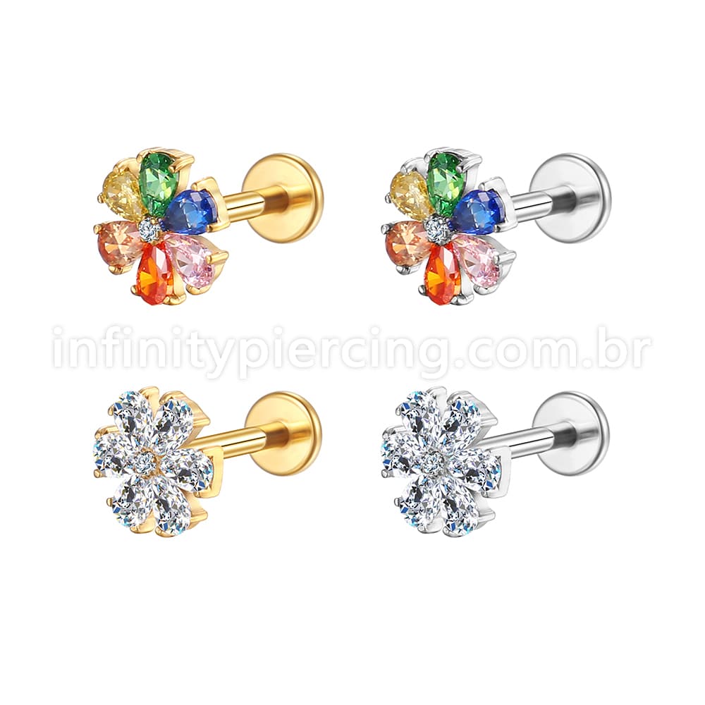 Piercing Labret Aço Cirúrgico Flor Zircônia