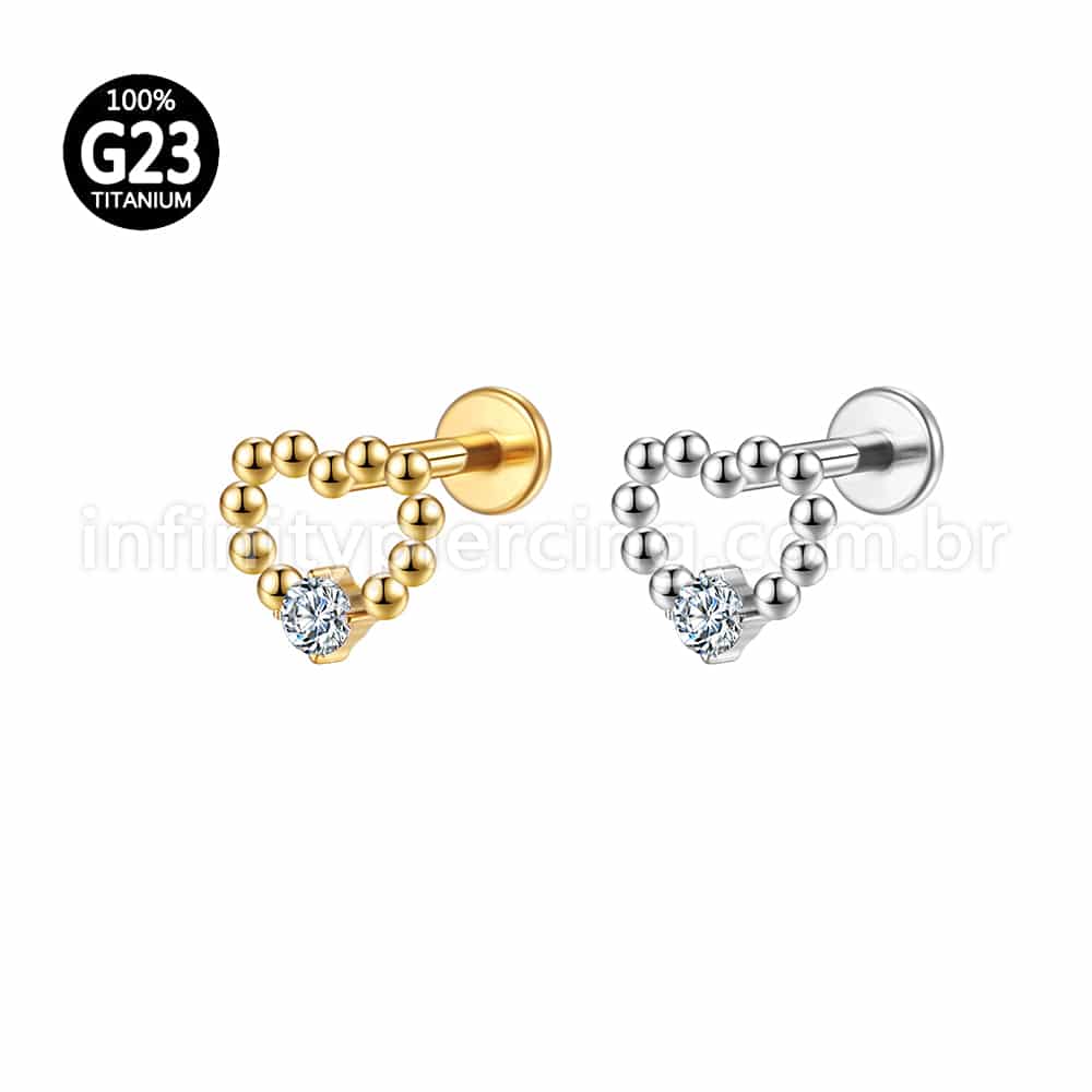 Piercing Labret Titânio Coração Vazado 1 Zircônia