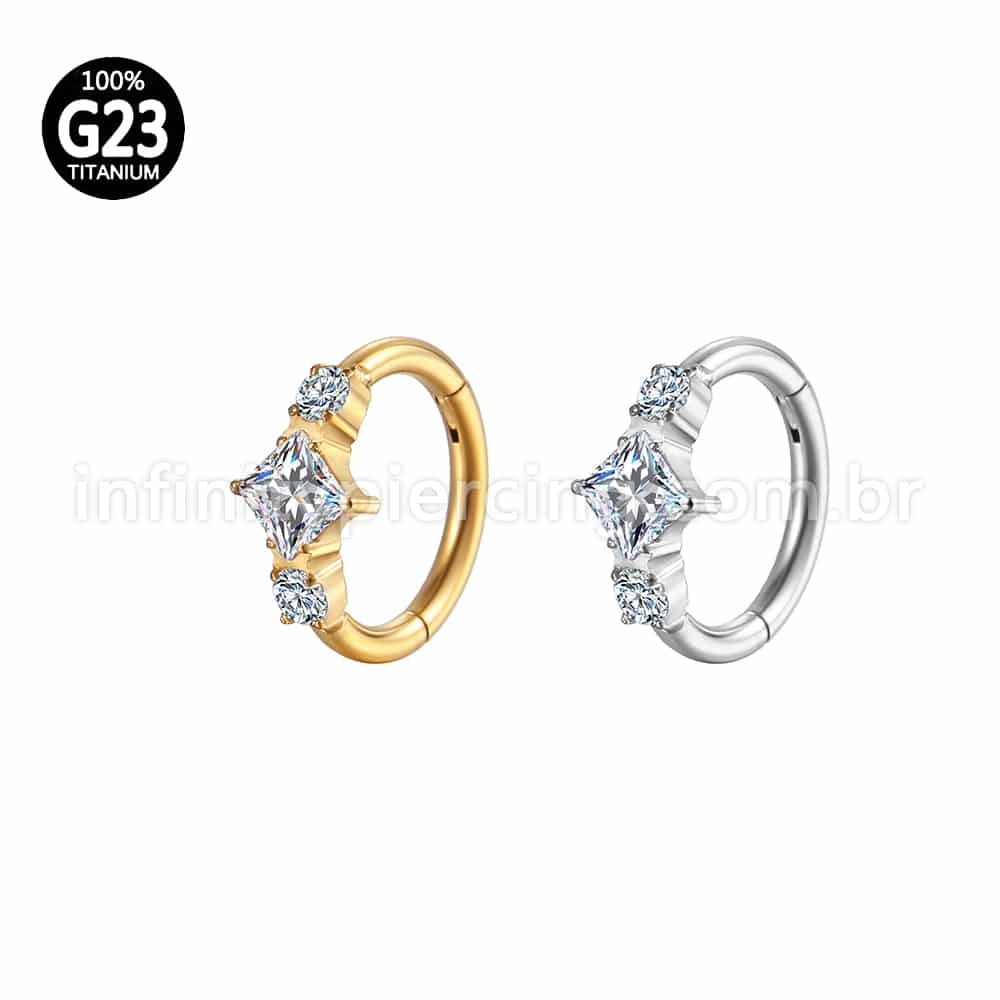 Piercing Argola Titânio  LOSANGO/REDONDO ZIRCÔNIAS CRAVEJADAS