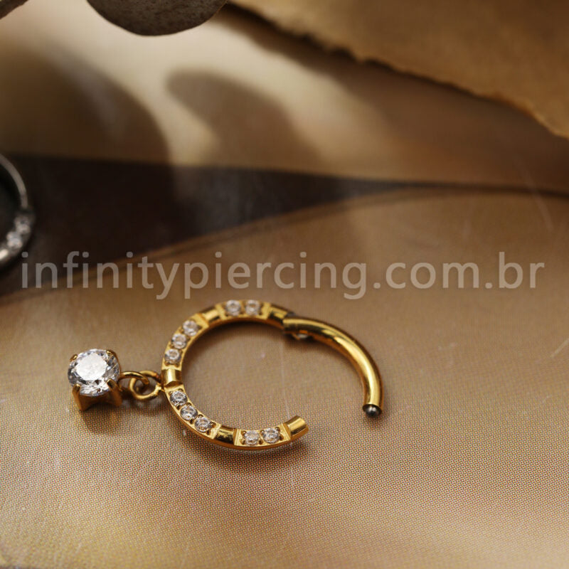 Piercing Argola Titânio Segmento Articulado Zircônia Cravejada Frontal Com Pingente