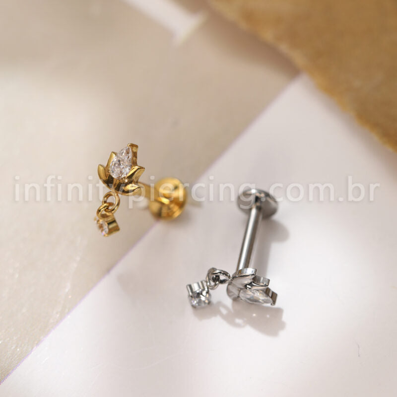 Piercing Labret Titânio Flor Zircónia Cravejada Com Pingente
