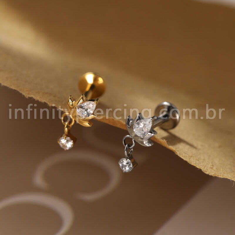 Piercing Labret Titânio Flor Zircónia Cravejada Com Pingente