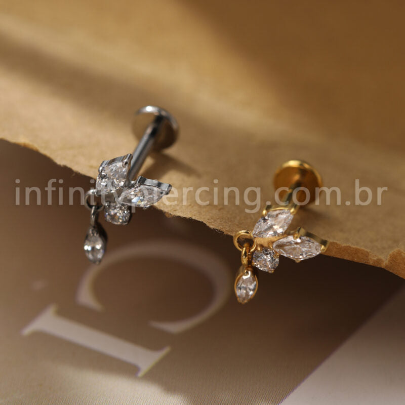Piercing Labret Titânio 3 Pedras Zircónia Cravejada Com Pingente