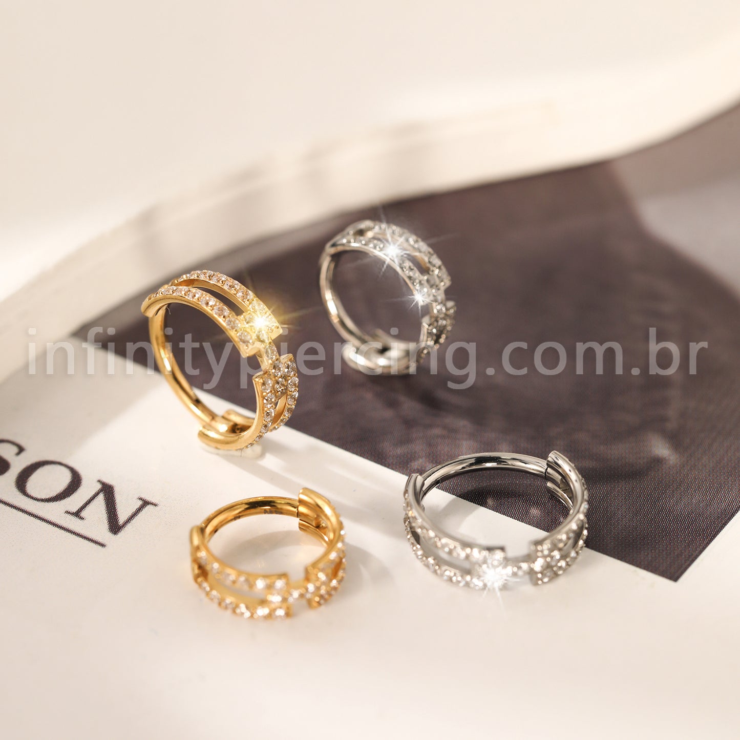 Piercing Argola Titânio Segmento Articulado Zircônia Cravejada 2 Fileiras