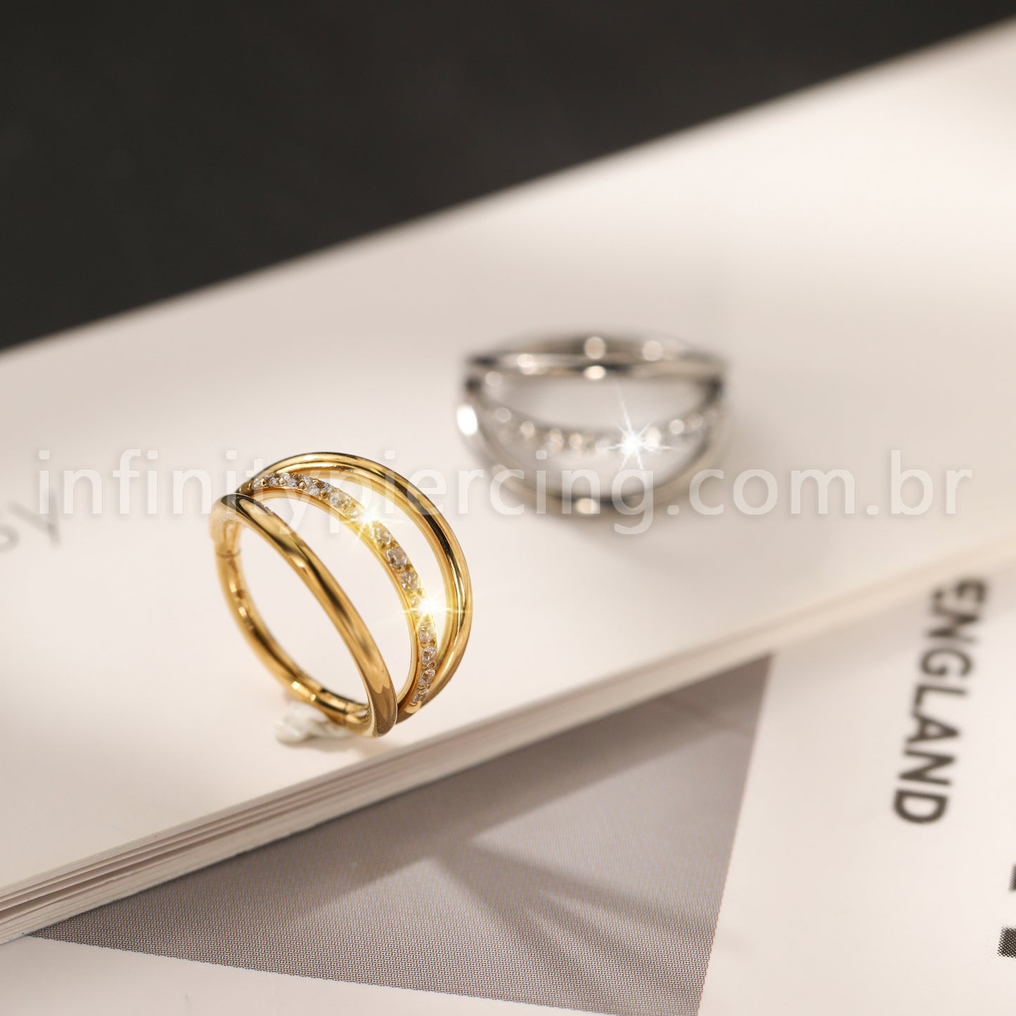 Piercing Argola Três Fileira Titânio Segmento Articulado 1 Fileira Zircônia Cravejada
