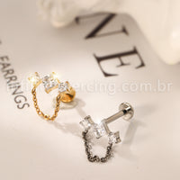 Piercing Labret Titânio Quadrado 3 Zircônias Com Corrente