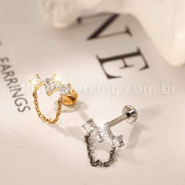 Piercing Labret Titânio Quadrado 3 Zircônias Com Corrente