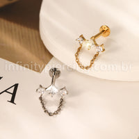 Piercing Labret Titânio Quadrado 3 Zircônias Com Corrente