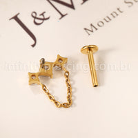Piercing Labret Titânio Quadrado 3 Zircônias Com Corrente