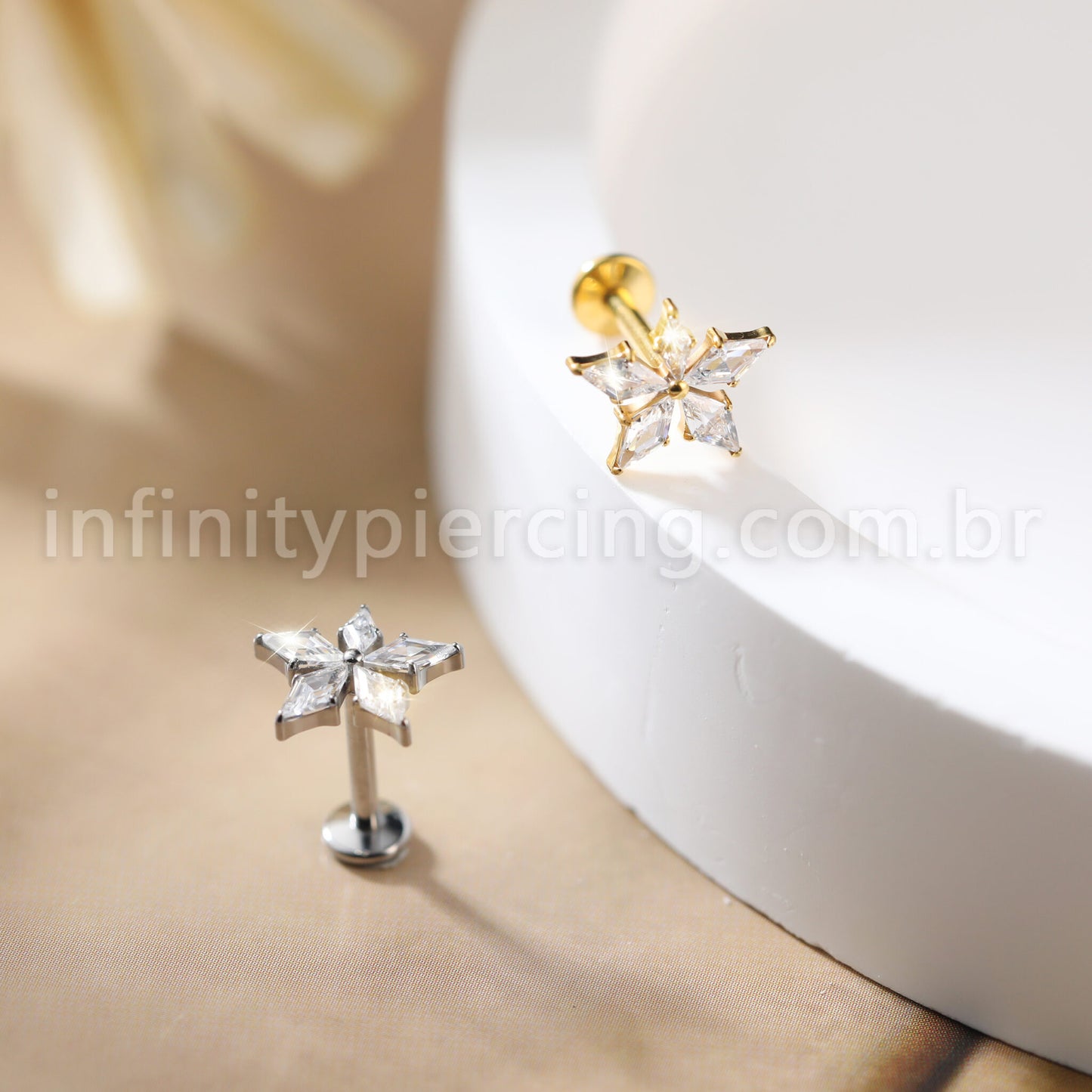 Piercing Labret Titânio Flor Zircônia Cravejada