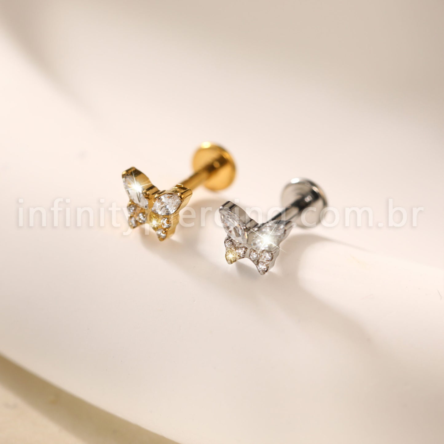 Piercing Labret Aço Cirúrgico Borboleta Zircônia Cravejada