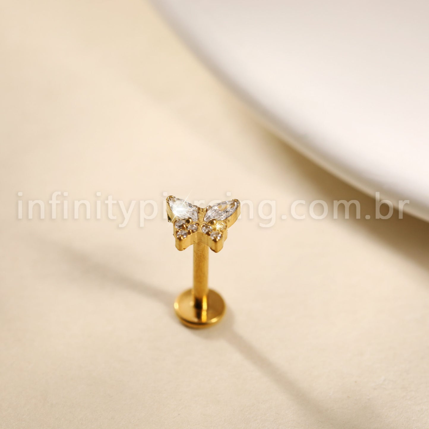 Piercing Labret Aço Cirúrgico Borboleta Zircônia Cravejada