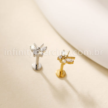 Piercing Labret Aço Cirúrgico Borboleta Zircônia
