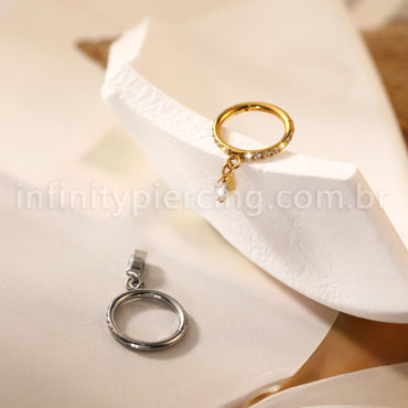 Piercing Argola Titânio Zircônia Cravejada Pingente Oval Com Pontas
