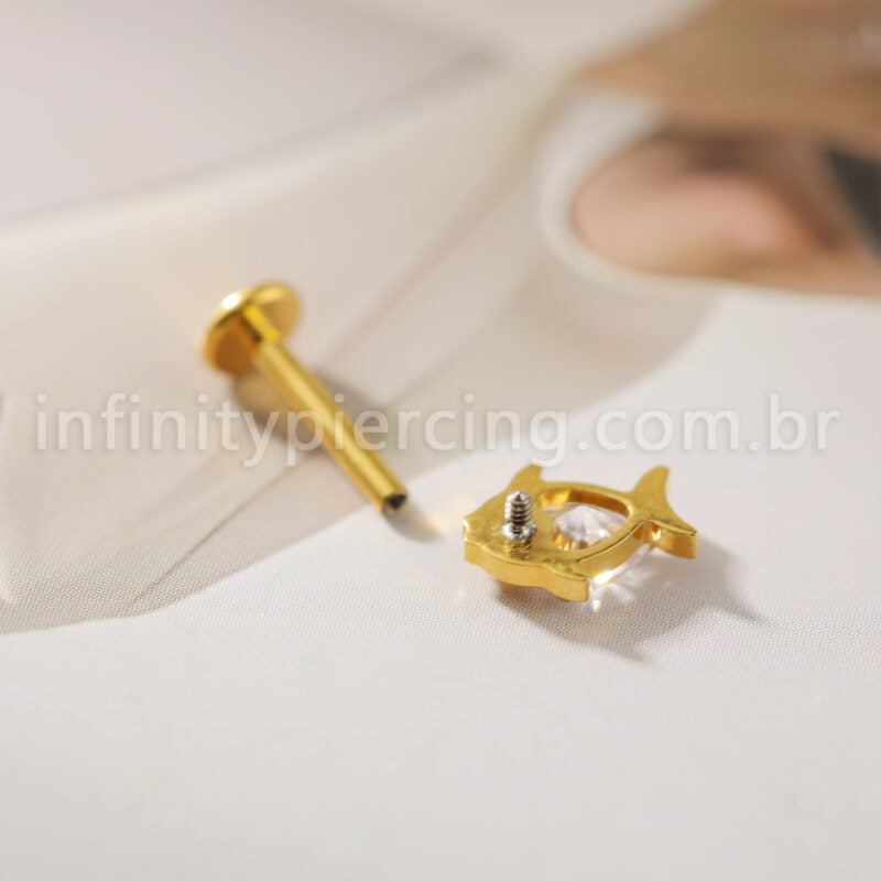 Piercing Labret Titânio Peixe Zircônia Cravejada