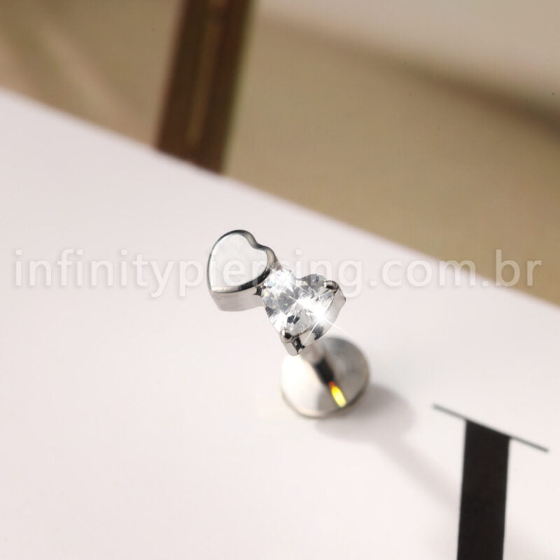 Piercing Labret Titânio Dois Corações Zircônia Cravejada