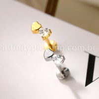 Piercing Labret Titânio Dois Corações Zircônia Cravejada