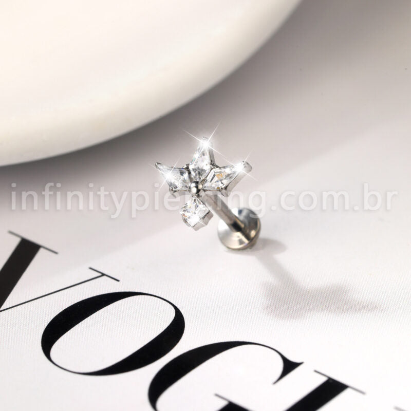 Piercing Labret Titânio 4 Pedras Zircônia Cravejada
