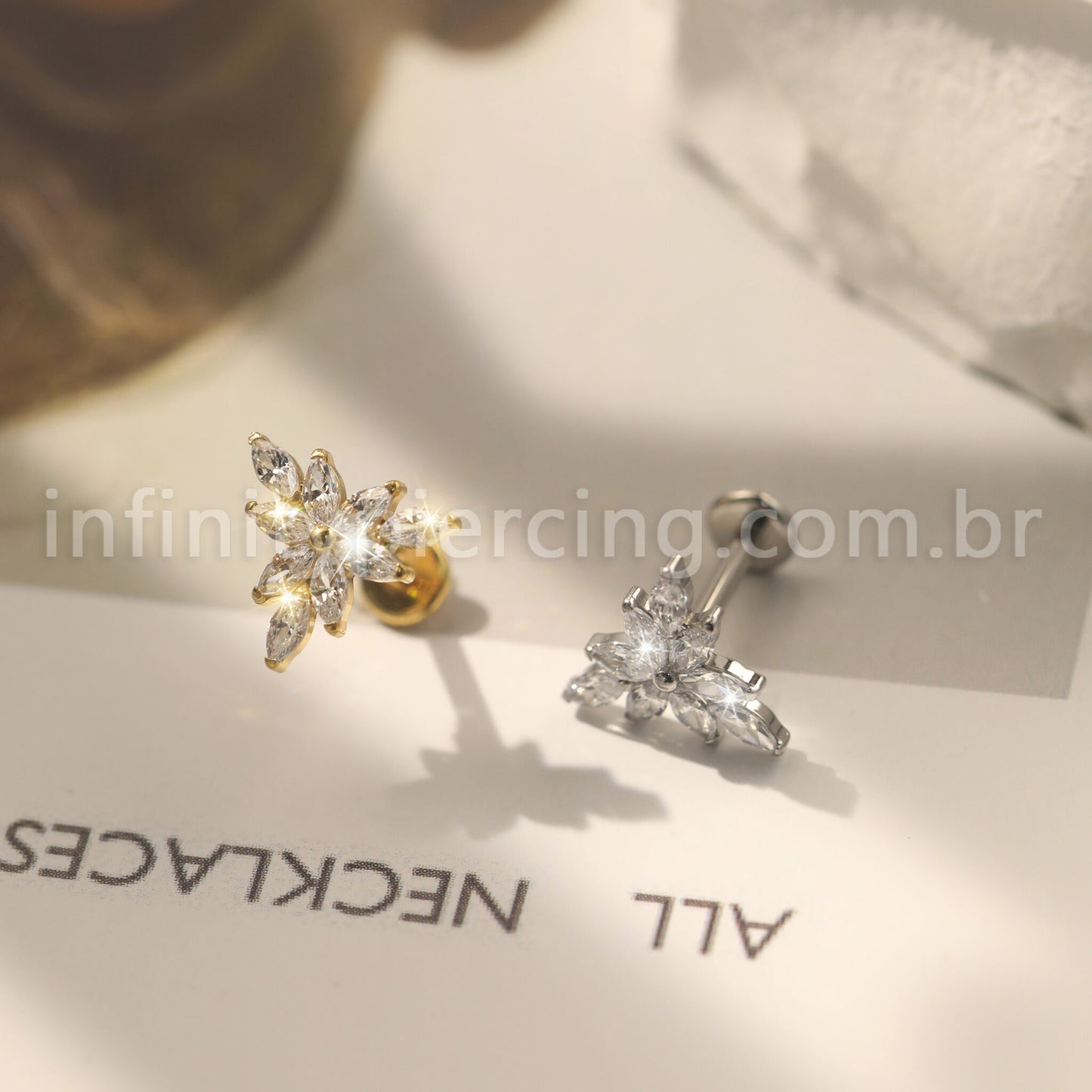 Piercing Labret Aço Cirúrgico Folhas Zircônia Cravejada