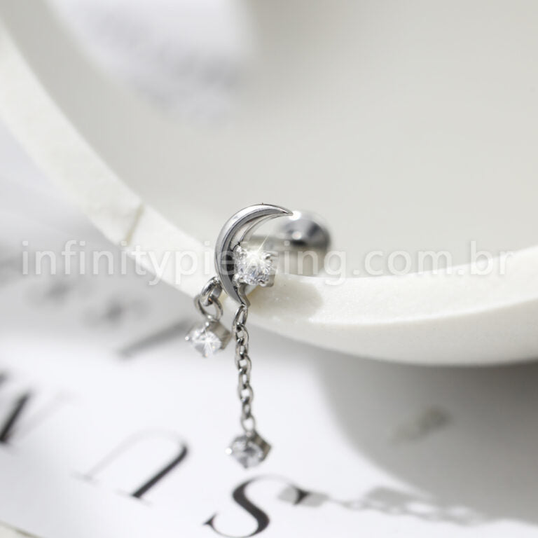 Piercing Labret Titânio Lua Com Correntes Zircônias