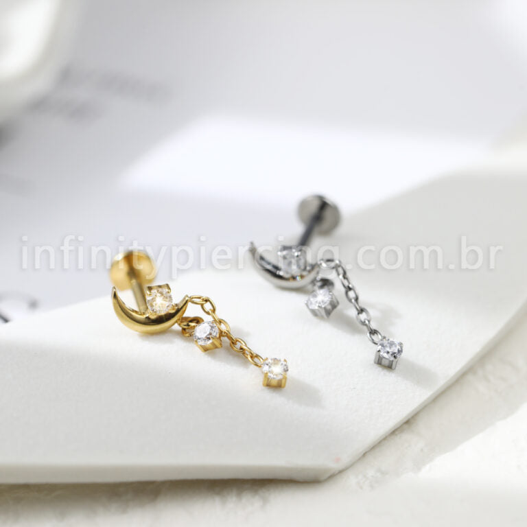 Piercing Labret Titânio Lua Com Correntes Zircônias