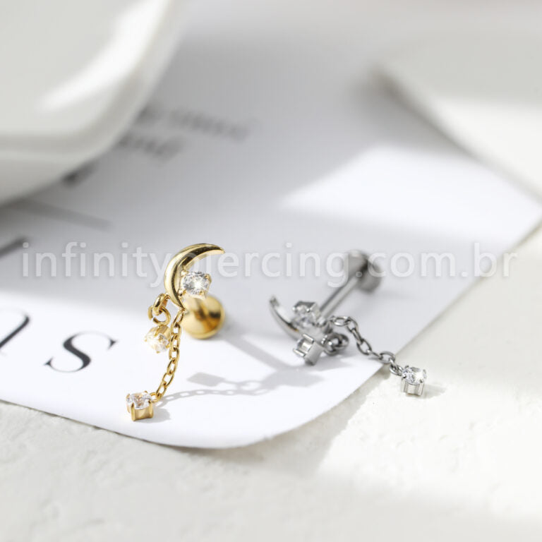 Piercing Labret Titânio Lua Com Correntes Zircônias