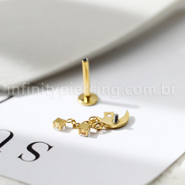 Piercing Labret Titânio Lua Com Correntes Zircônias