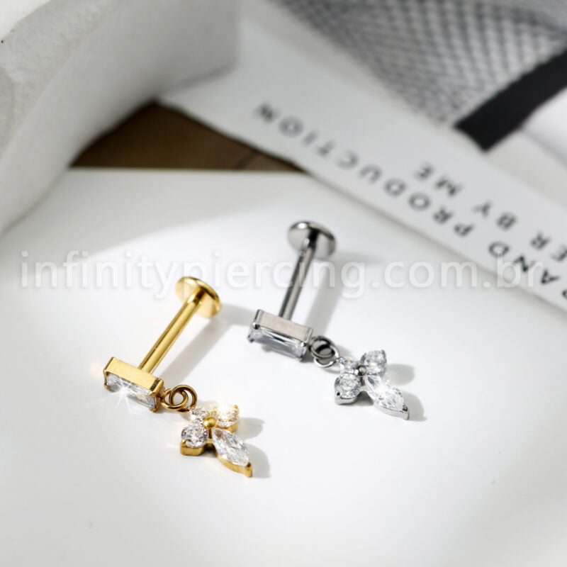 Piercing Labret Retangulo Titânio Com Pingente Zircônia