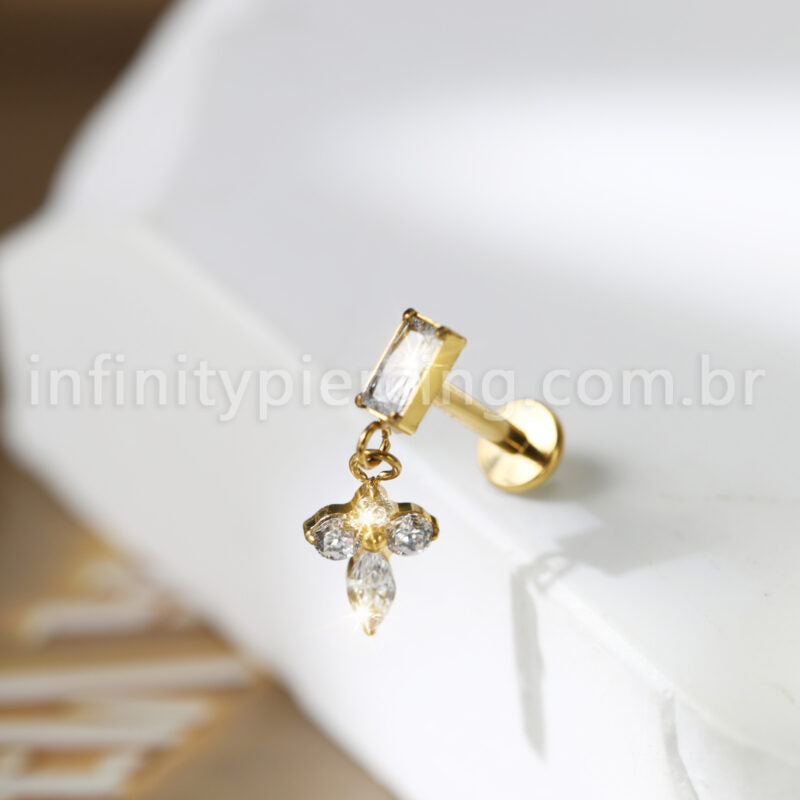 Piercing Labret Retangulo Titânio Com Pingente Zircônia