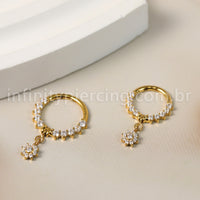 Piercing Argola Titânio Segmento Articulado Zircônia Frontal Com Pingente Flor