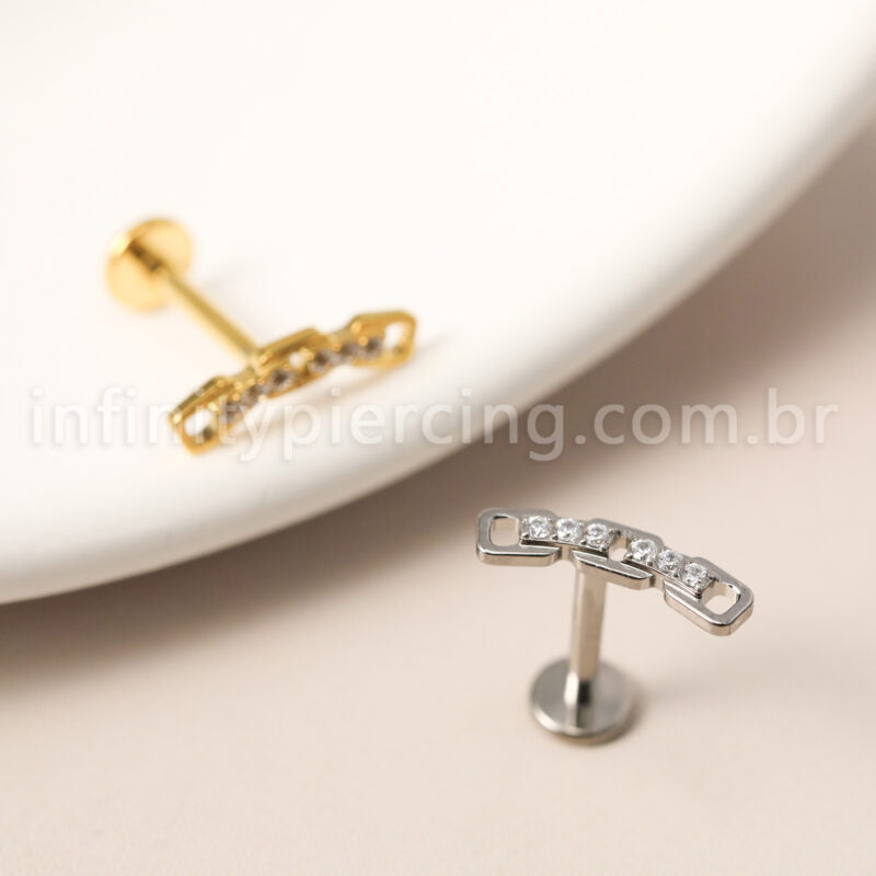 Piercing Labret Titânio Corrente Zircônia Cravejada