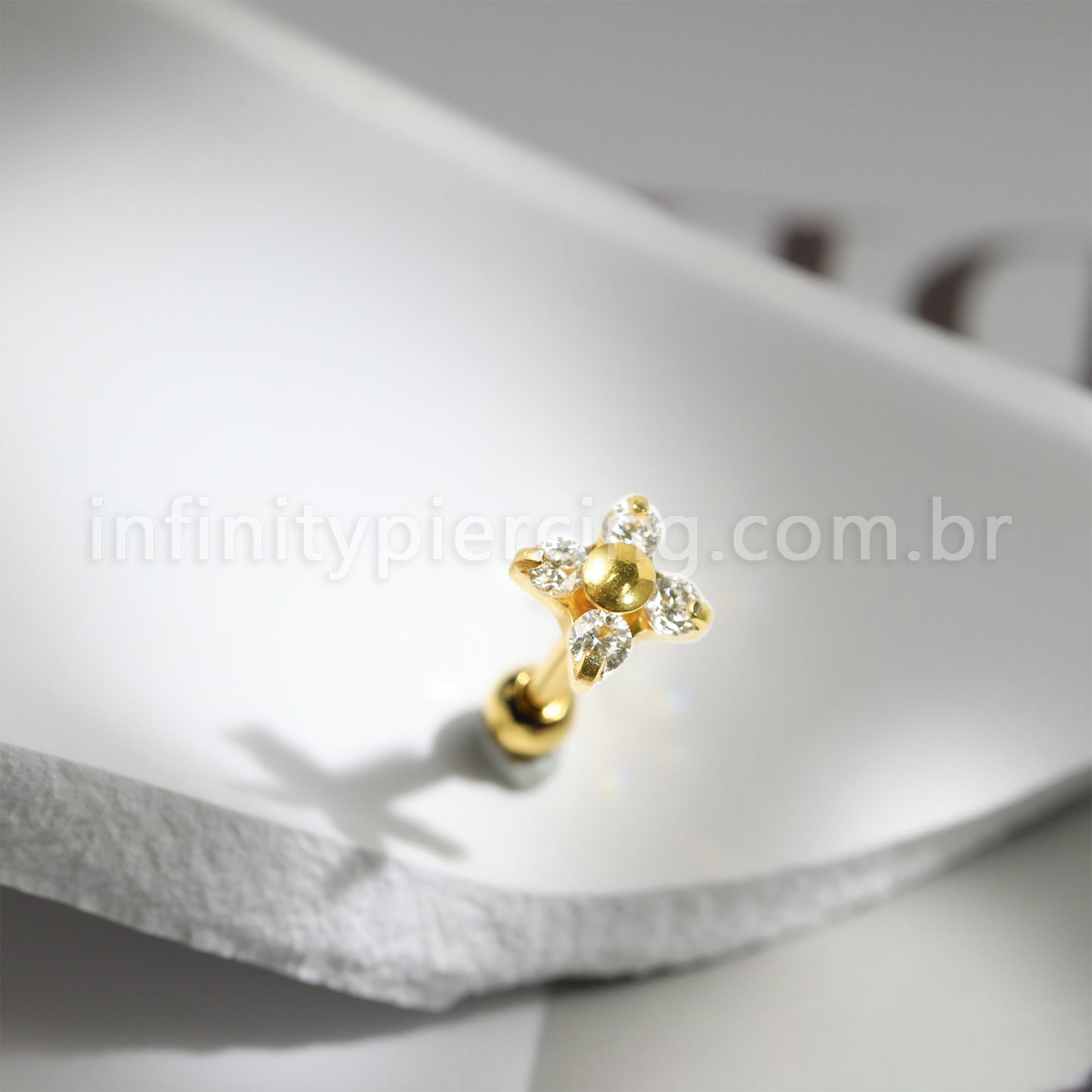 Piercing Minibarbell Aço Cirúrgico Flor Zircônia Cravejada