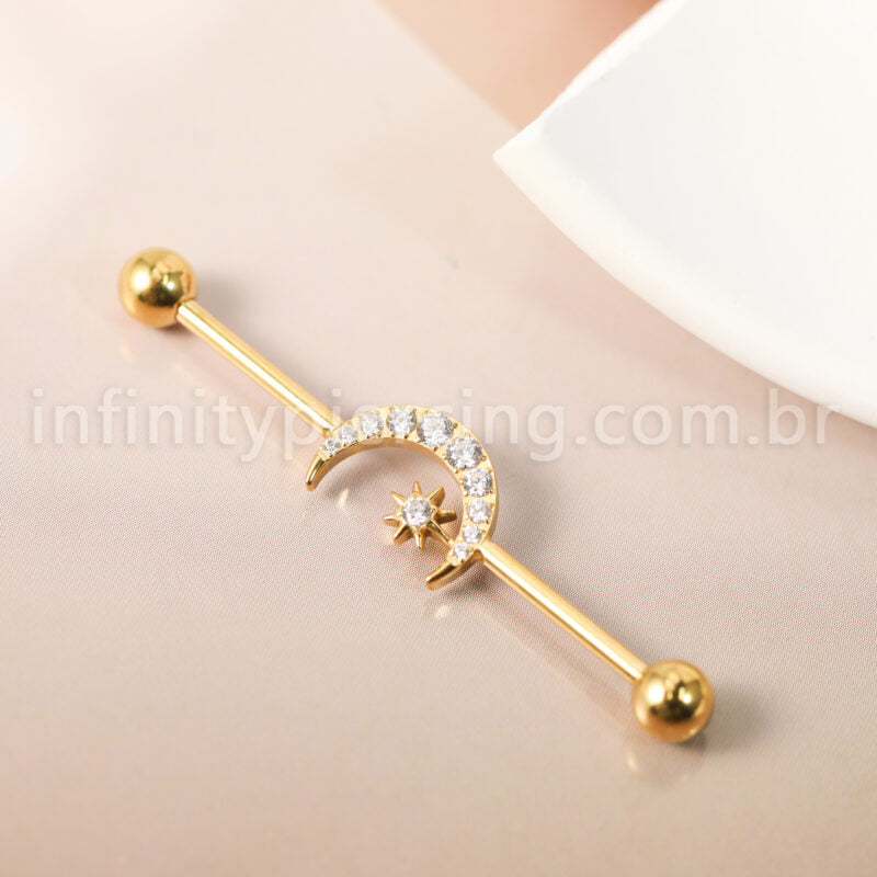Piercing Transversal Titânio Lua/Estrela Zircônia Cravejada