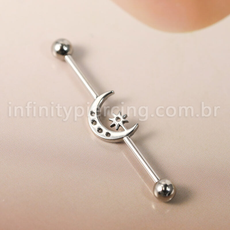 Piercing Transversal Titânio Lua/Estrela Zircônia Cravejada