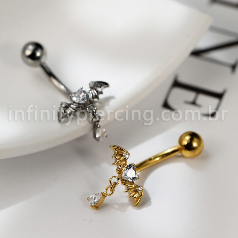 Piercing Banana Titânio Coração Zircônia Com Asas De Morcego