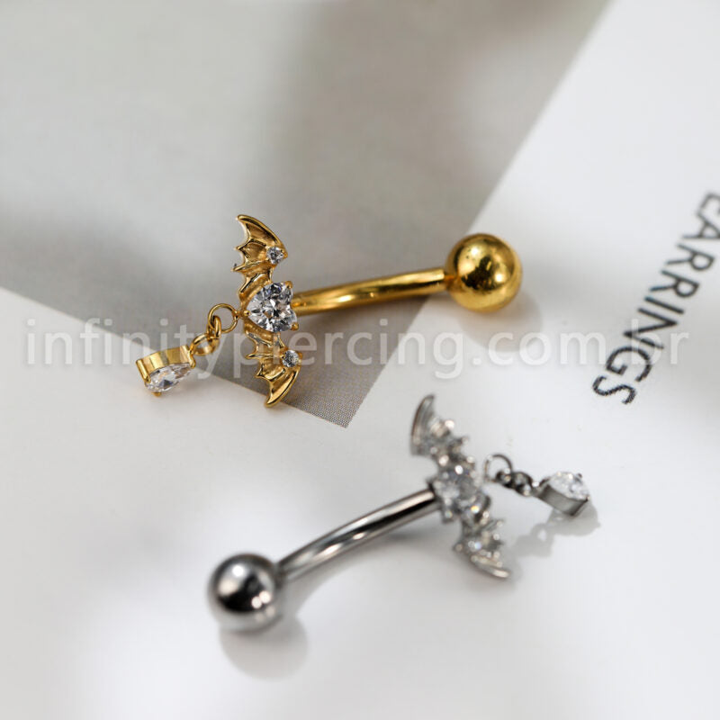 Piercing Banana Titânio Coração Zircônia Com Asas De Morcego