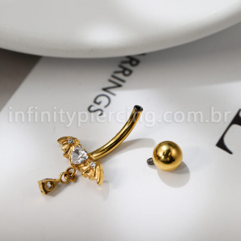 Piercing Banana Titânio Coração Zircônia Com Asas De Morcego