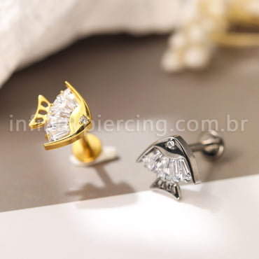 Piercing Labret Titânio Peixe Com Zircônia Cravajada