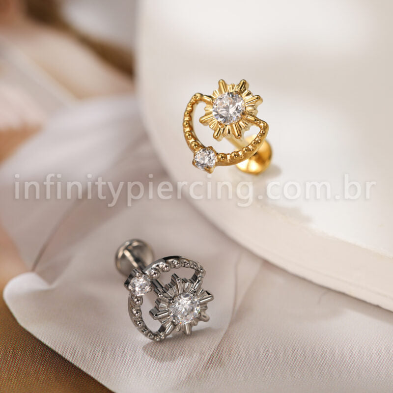 Piercing Labret Titânio Sol Detalhes Com Zircônia Cravejada
