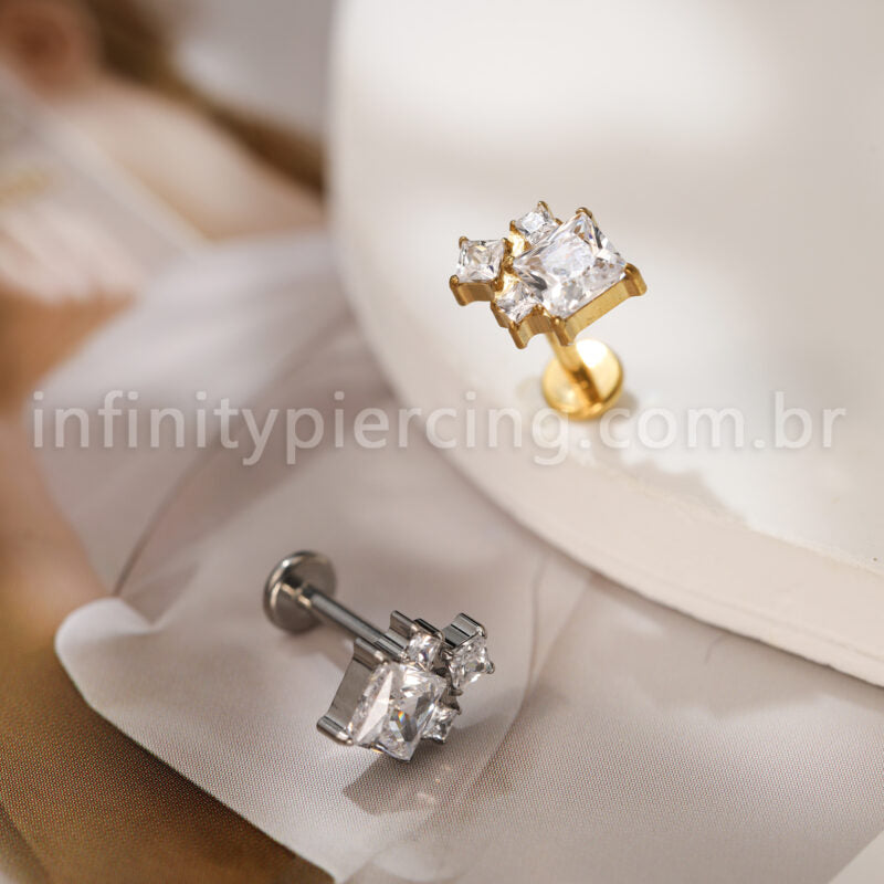 Piercing Labret Titânio 4 Pedras Zircônia Cravejada
