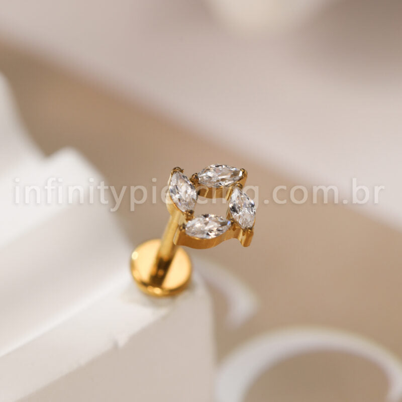 Piercing Labret Titânio 4 Pedras Zircônia Cravejada